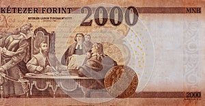 This is banknote featuring national currency of Hungary, two thousand forint