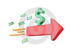 Banknote or money blown. Dollar symbol and arrow on white background in concept jet rocket is business finance, banking fast.