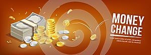 Banknote silver coins and gold coins bounce concept banner design, on orange background