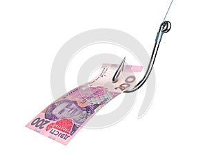 Banknote of ukrainian money on the fishing hook