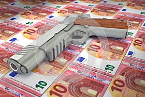 Banknotes 10 euros verso gun trafficking dirty money full frame concept