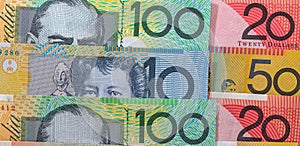 Banknotes of australian dollars in rows as background