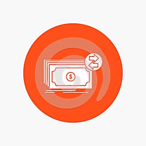 Banknotes, cash, dollars, flow, money White Glyph Icon in Circle. Vector Button illustration