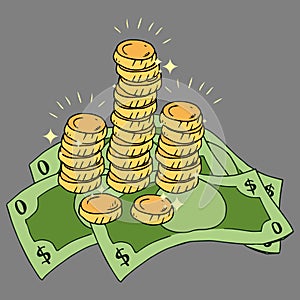 Banknotes with coins icon. Vector illustration of golden coins with money dollar bills. Money coins with bills hand drawn