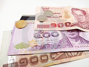 Banknotes, coins, Thai baht money, credit card, finance business