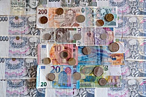 banknotes and coins of various currencies, Euro CHF CZK PLN