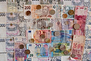 banknotes and coins of various currencies, Euro CHF CZK PLN IDR