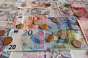 banknotes and coins of various currencies, Euro CHF CZK PLN IDR