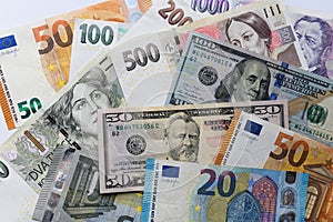 Banknotes of different countries background, top view