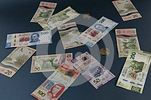 Banknotes of different denominations of Mexican currency, scattered on a blue superfice