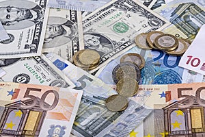 Banknotes and euro coins and dollar