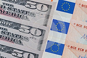 Banknotes of euro and dollars, Symbols of two currency systems, Concept, Leading world economies