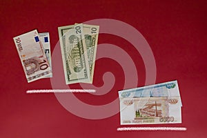 Banknotes Euro, US Dollars and Russian Rubles