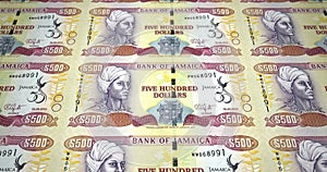 Banknotes of five hundred jamaican dollars of Jamaica rolling, cash money, loop
