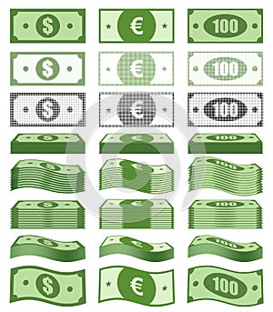 Banknotes, greenback banknote, money pile, stacked cash. Casino bonus, profits and income earnings