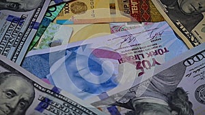 banknotes kz tenge, us dollar, euro banknotes, turkish lira, dirhams