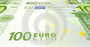 Banknotes of one hundred euros on print rolling on screen, cash money, loop