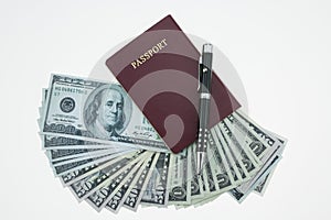 Banknotes and passport on white background, pocket money and prepare for travel