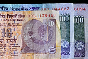 Banknotes of the Republic of India. Portrait of Mahatma Gandhi on the official indian currency.