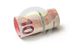 banknotes roll of ten euros money on white background