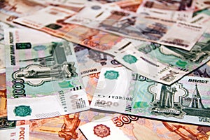 Banknotes of the Russian currency of different denominations