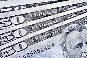 Banknotes 50 usd counting stack respectively background, america photo