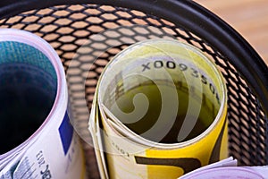 Bankroll Cash Euro Banknotes in Garbage Basket