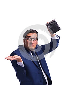 Bankrupt broke businessman with empty wallet on white background