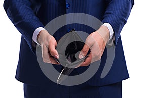 Bankrupt broke businessman with empty wallet on white background