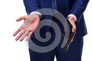 The bankrupt broke businessman with empty wallet on white background