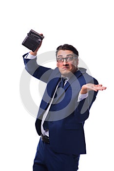 The bankrupt broke businessman with empty wallet on white background