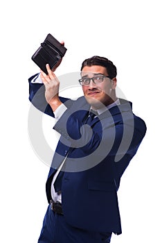 The bankrupt broke businessman with empty wallet on white background