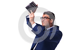 The bankrupt broke businessman with empty wallet on white background