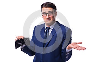 The bankrupt broke businessman with empty wallet on white background