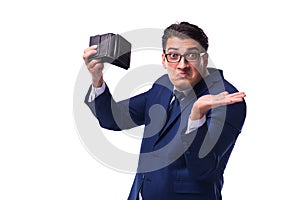 The bankrupt broke businessman with empty wallet on white background