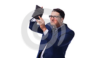 The bankrupt broke businessman with empty wallet on white background