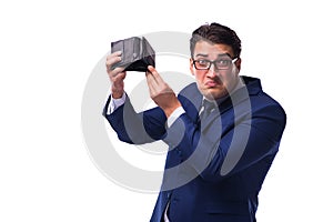 The bankrupt broke businessman with empty wallet on white background