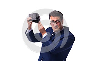 The bankrupt broke businessman with empty wallet on white background