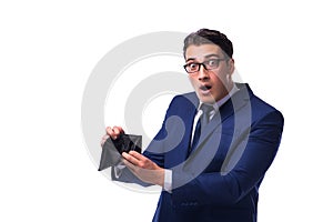 The bankrupt broke businessman with empty wallet on white background