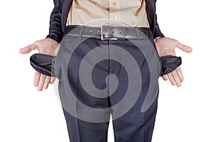 Bankrupt business man showing empty pockets with hands. png transparent