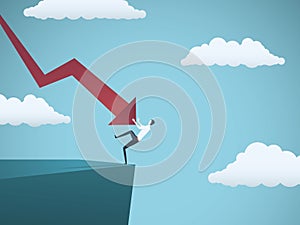 Bankrupt businessman falling off a cliff, pushed by downward arrow. Symbol of bankruptcy, failure, recession, crisis and