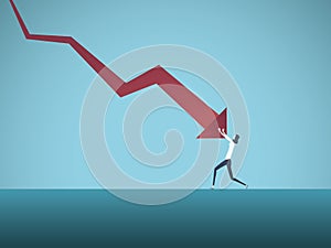 Bankrupt businesswoman pushed by downward arrow vector concept. Symbol of bankruptcy, failure, recession, crisis and