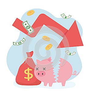 Bankruptcy broken piggy bank money bag coins down arrow business financial crisis