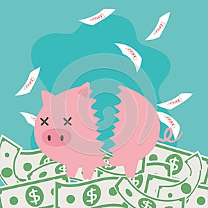 Bankruptcy business financial crisis broken piggy bank falling debt and banknotes money