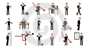 Bankruptcy with Business Manager Suffering from Loss and Being in Debt Vector Set