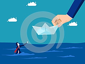 Bankruptcy business support. businessman on a paper boat saves a drowning man
