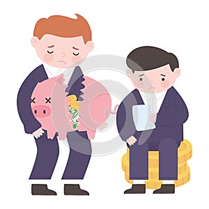 Bankruptcy businessmen holding piggy bank and coins business financial crisis