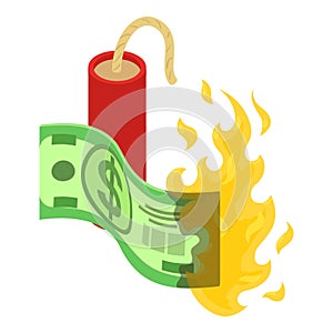 Bankruptcy concept icon isometric vector. Burning dollar banknote and dynamite