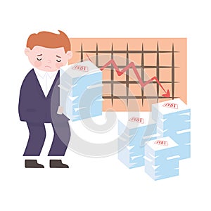 Bankruptcy sad businessman stack of debt papers and diagram down arrow business financial crisis