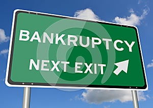 Bankruptcy signpost roadsign next exit blue sky